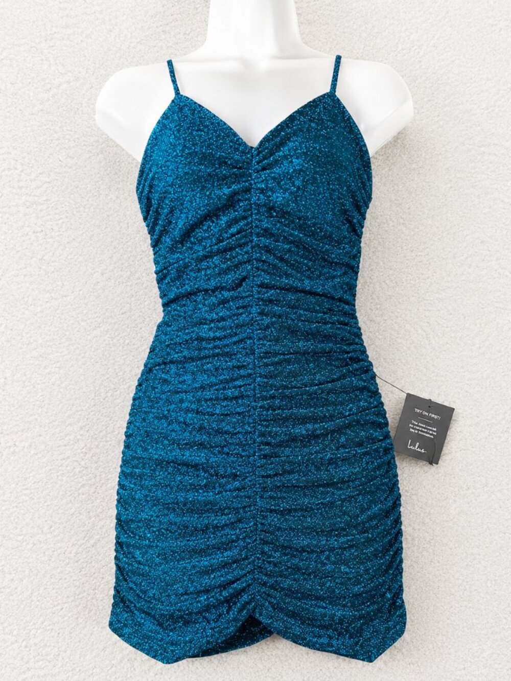 NWT Lulus Striking Moves Mini Dress Women's S Teal Metallic Ruched Homecoming